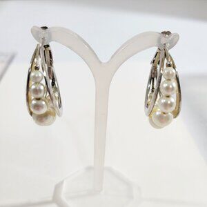 Multi Hoop Silver Tone Earrings Graduated Faux Pearls Open Work Caged Classic